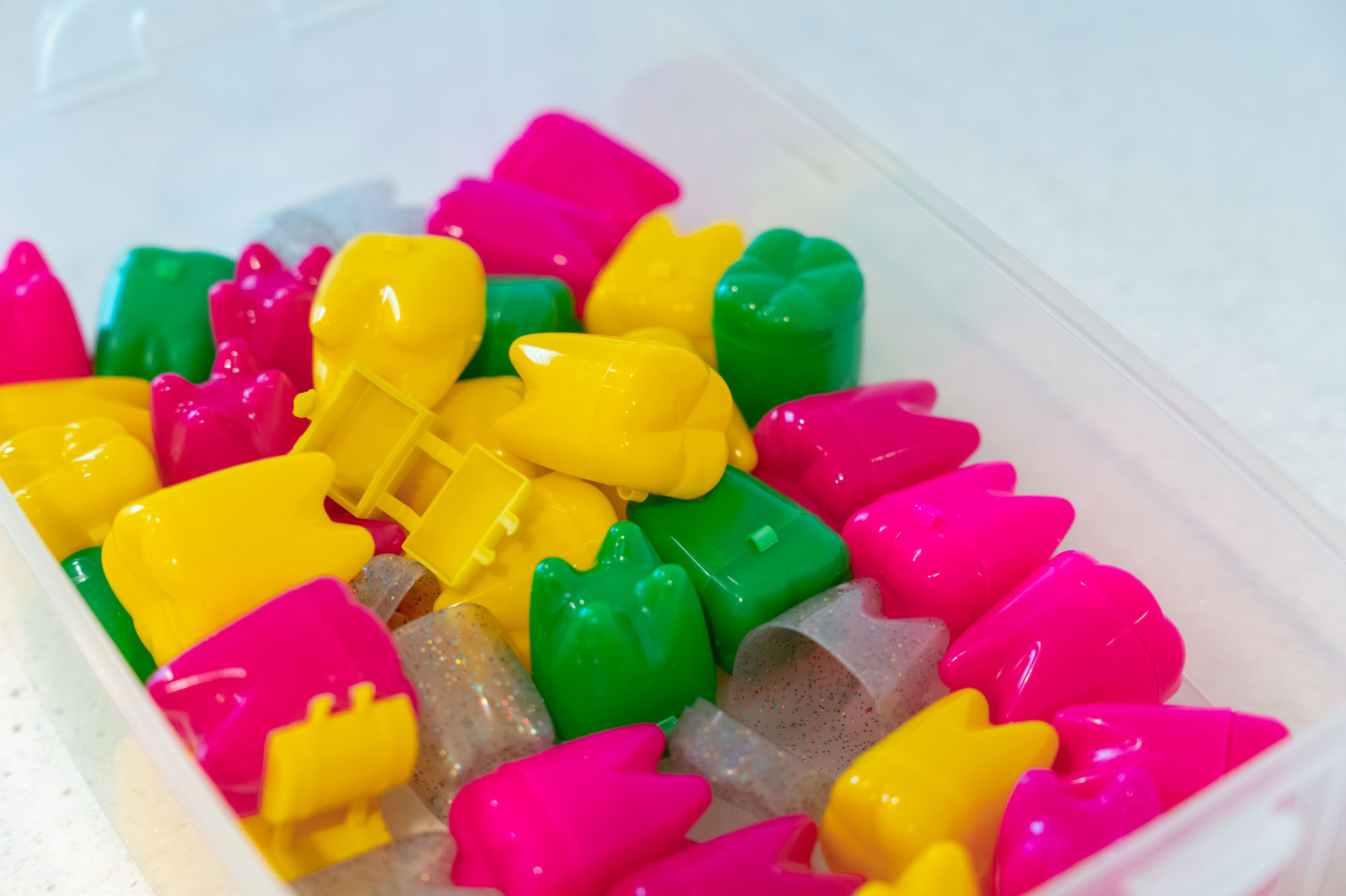 Colorful retainer cases in a container
